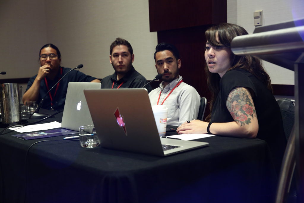 The 2017 AAJA Convention in Philadelphia. Lessons From Photographing Standing Rock panel with Richard Tsong-Taatarii, Angus Mordant, Josh Morgan and Ariel Zambelich. Photo by Alex Wong